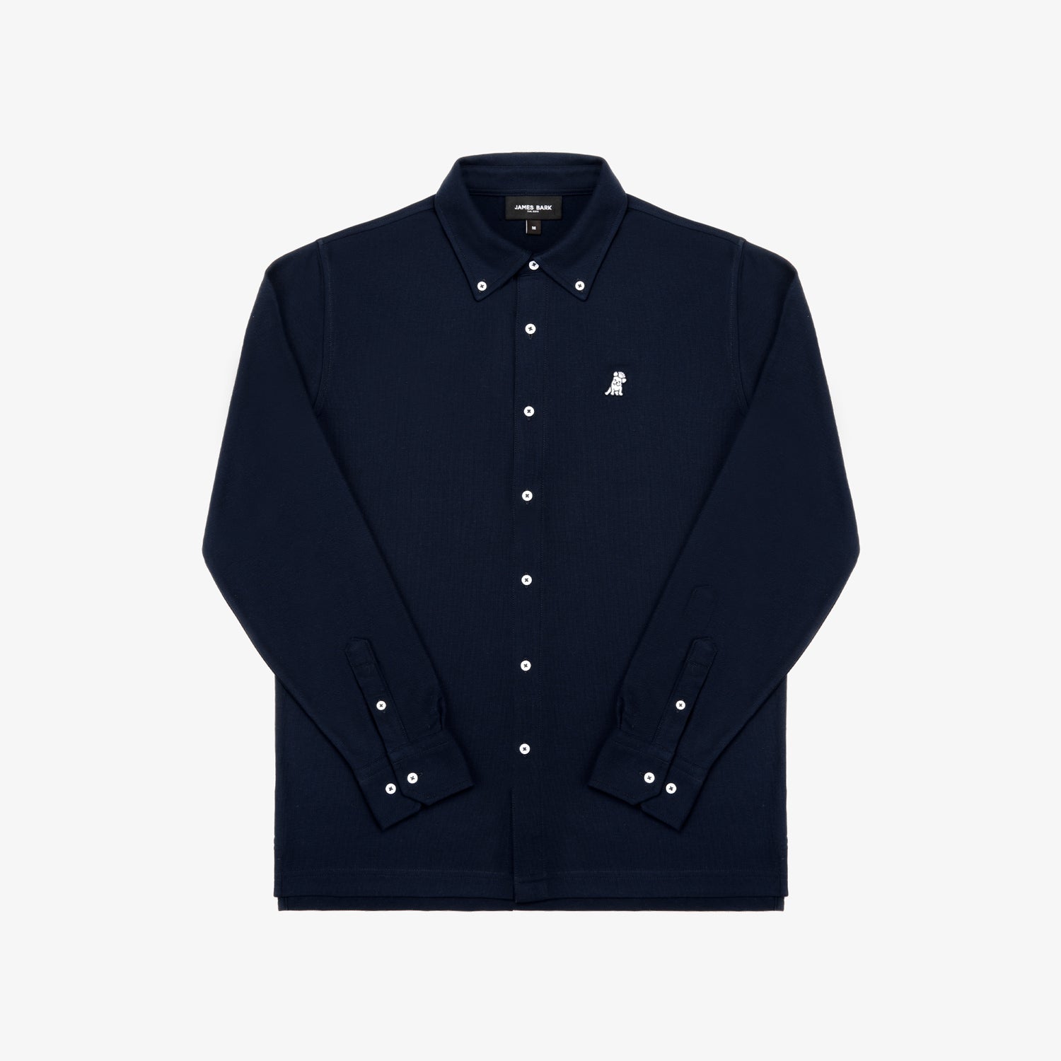 A navy blue button-down shirt laid flat against a white background.