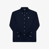 A navy blue button-down shirt laid flat against a white background.
