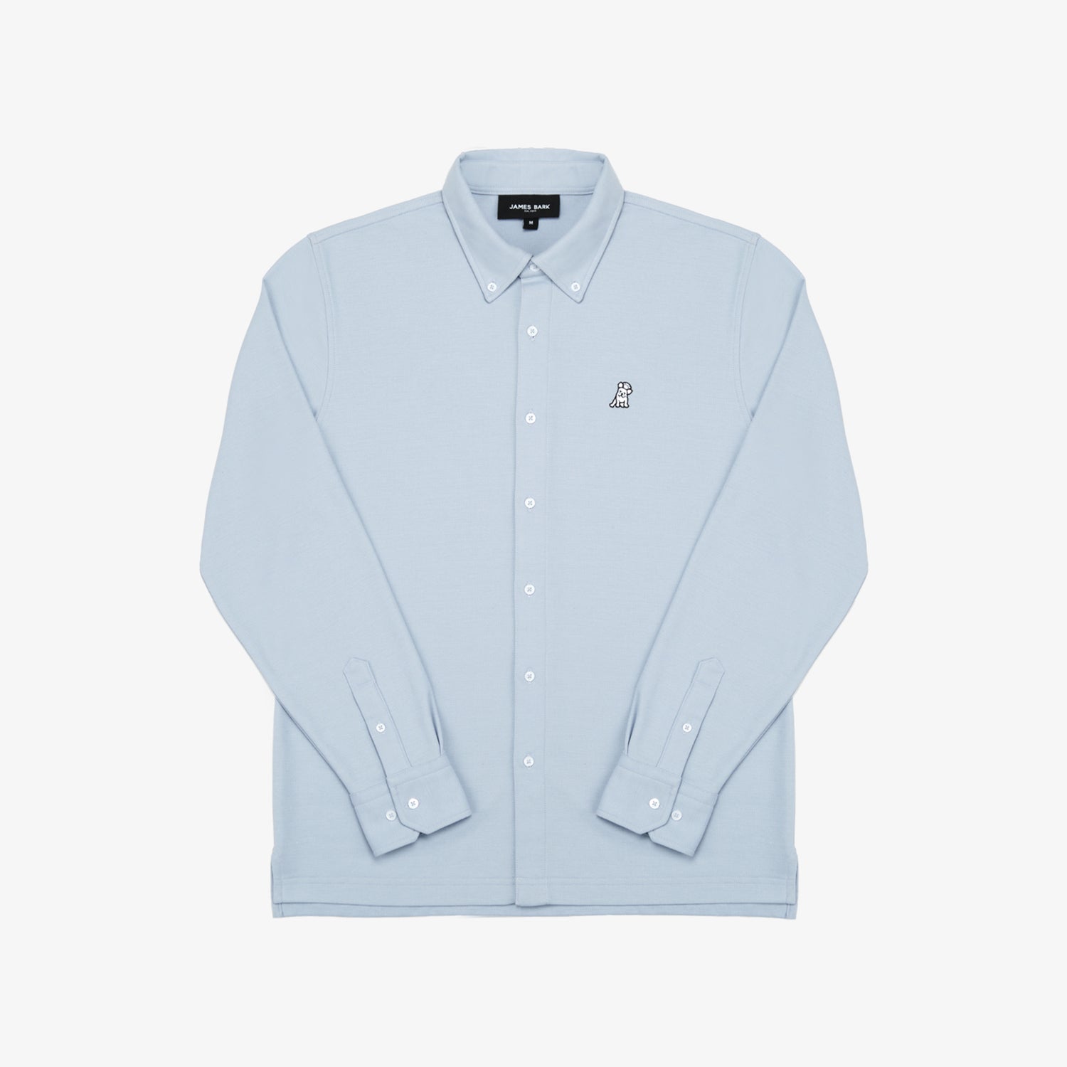 A light blue button-down shirt laid flat against a white background.