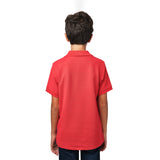 Rear view of the boy wearing the red polo shirt, showing the plain back design.