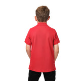 Rear view of the boy wearing the red polo shirt, showing the plain back design.