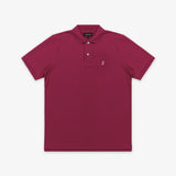 The burgundy polo shirt laid flat, showing the entire front design.