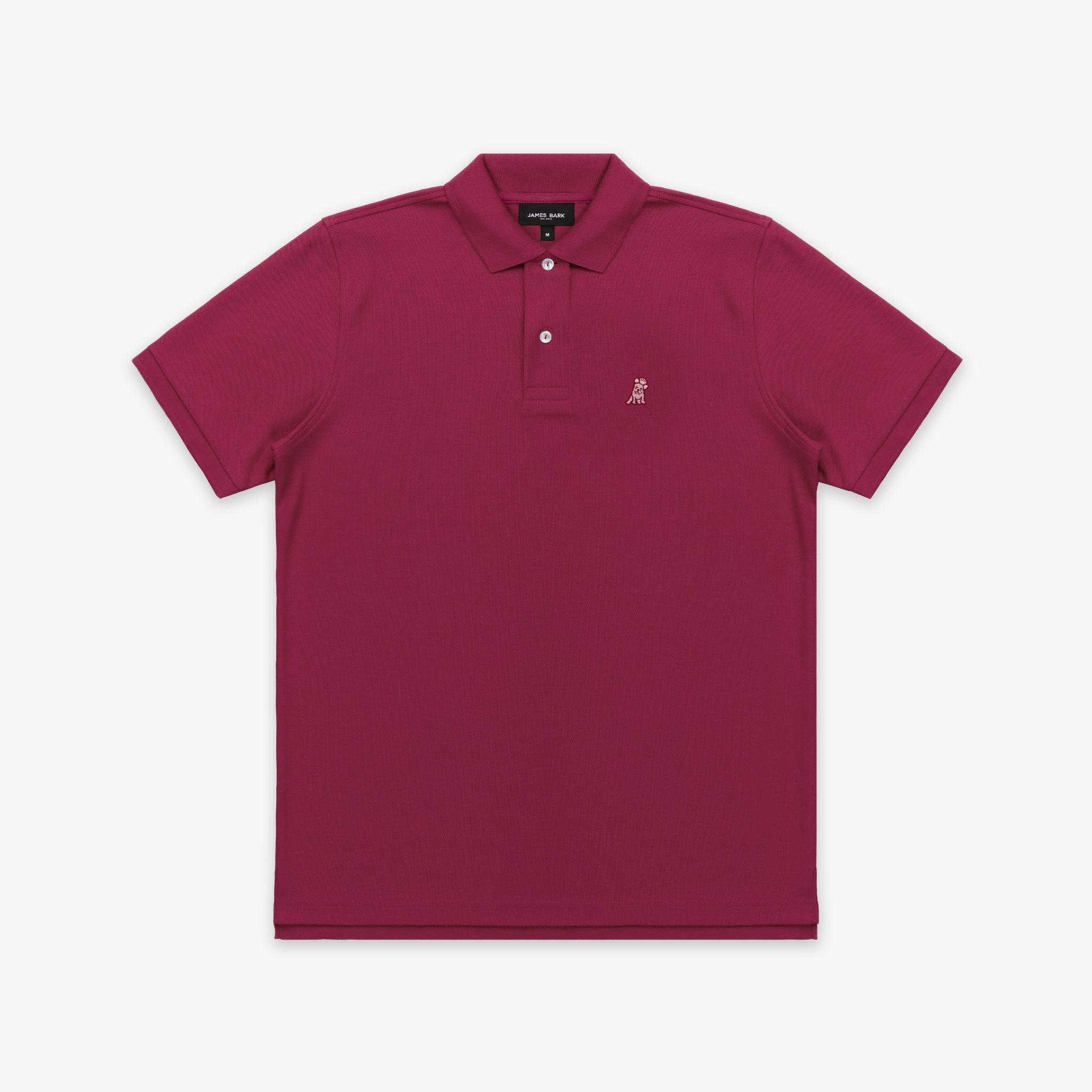 The burgundy polo shirt laid flat, showing the entire front design.