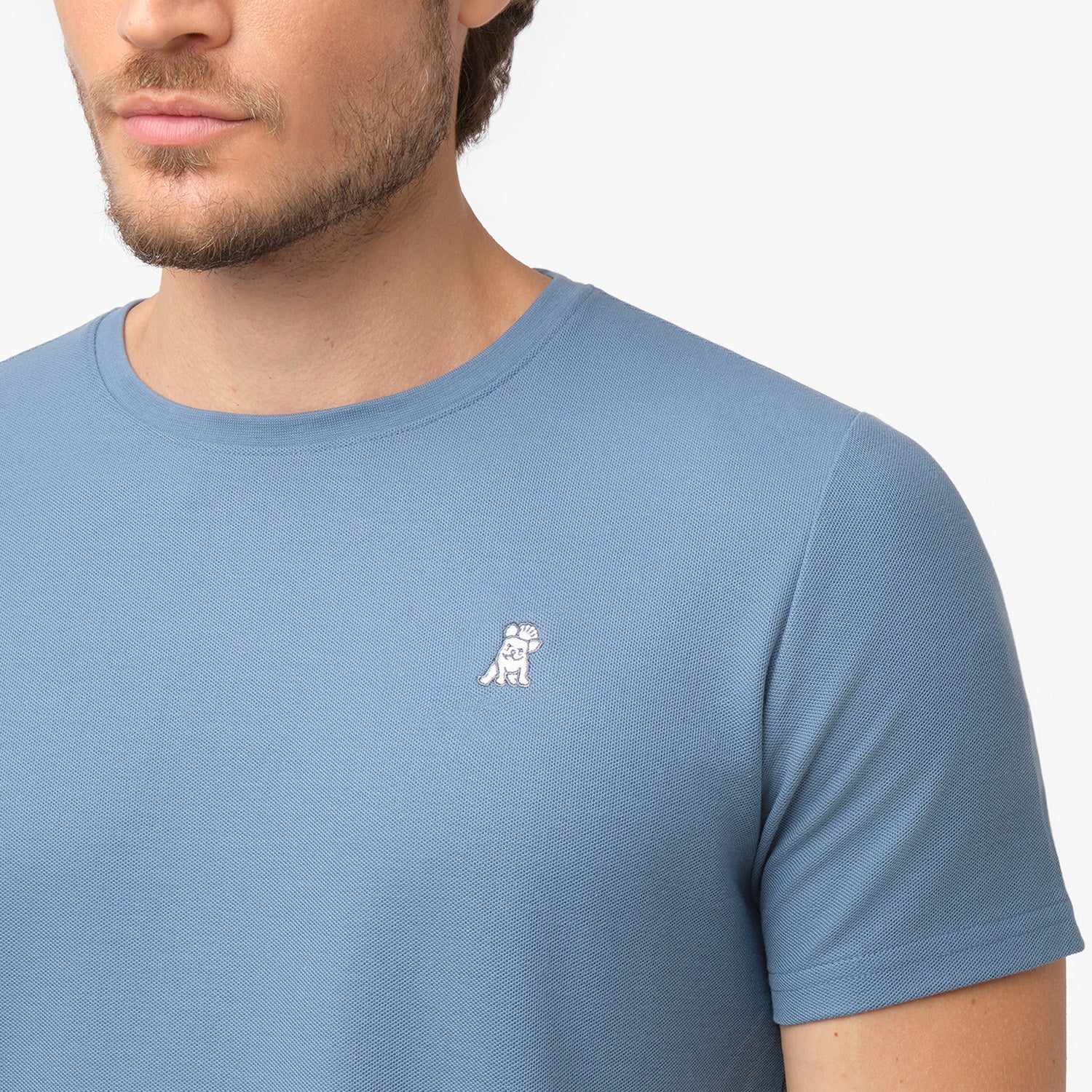 Detailed view of the embroidered logo on the left chest of a light blue men's textured t-shirt.