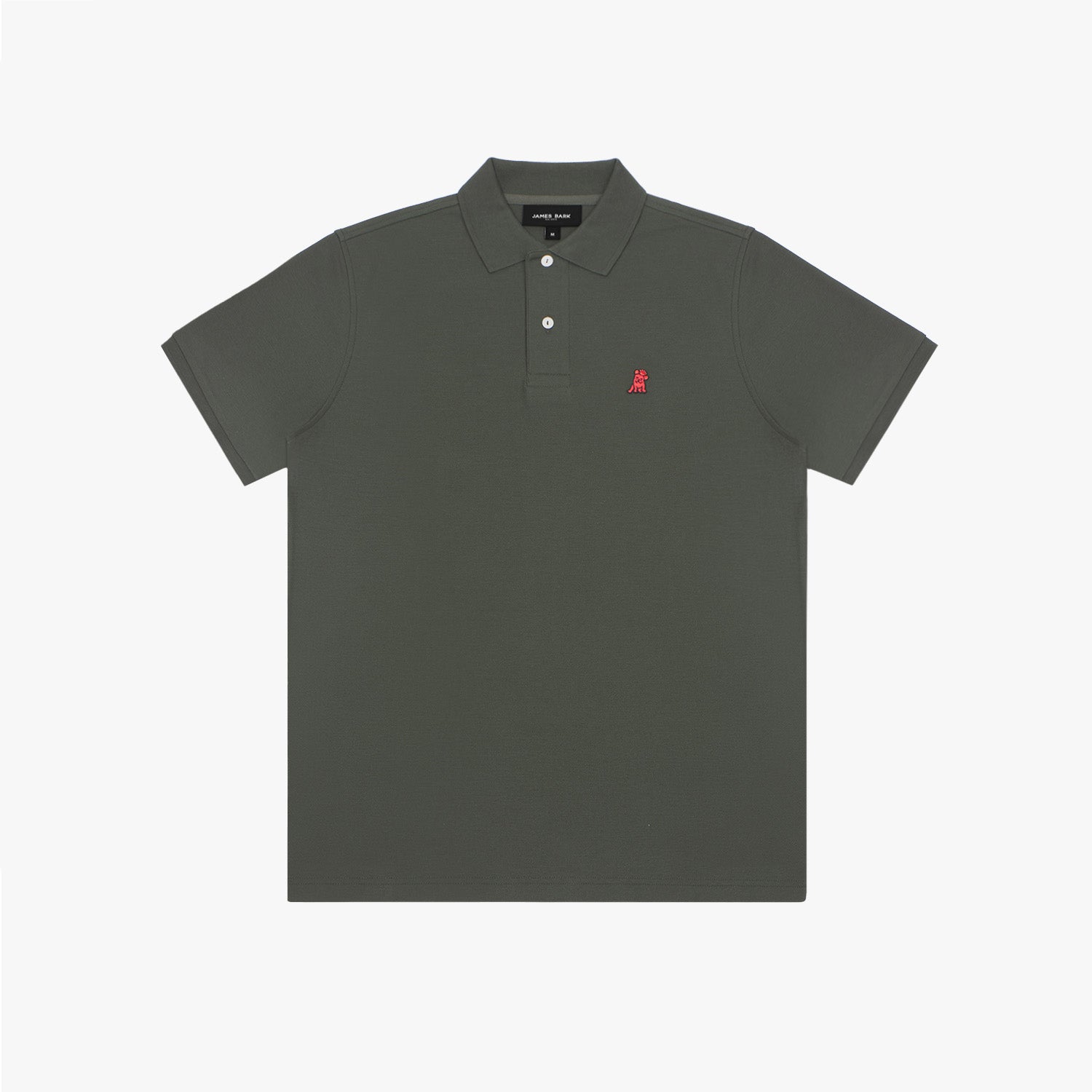 Olive green polo shirt laid flat, showing collar, buttons, brand tag, and red embroidered dog logo