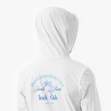 Kid wearing a white hooded rashguard with 'Private Members Only James Bark Beach Club' text and palm tree design on a white background on the back