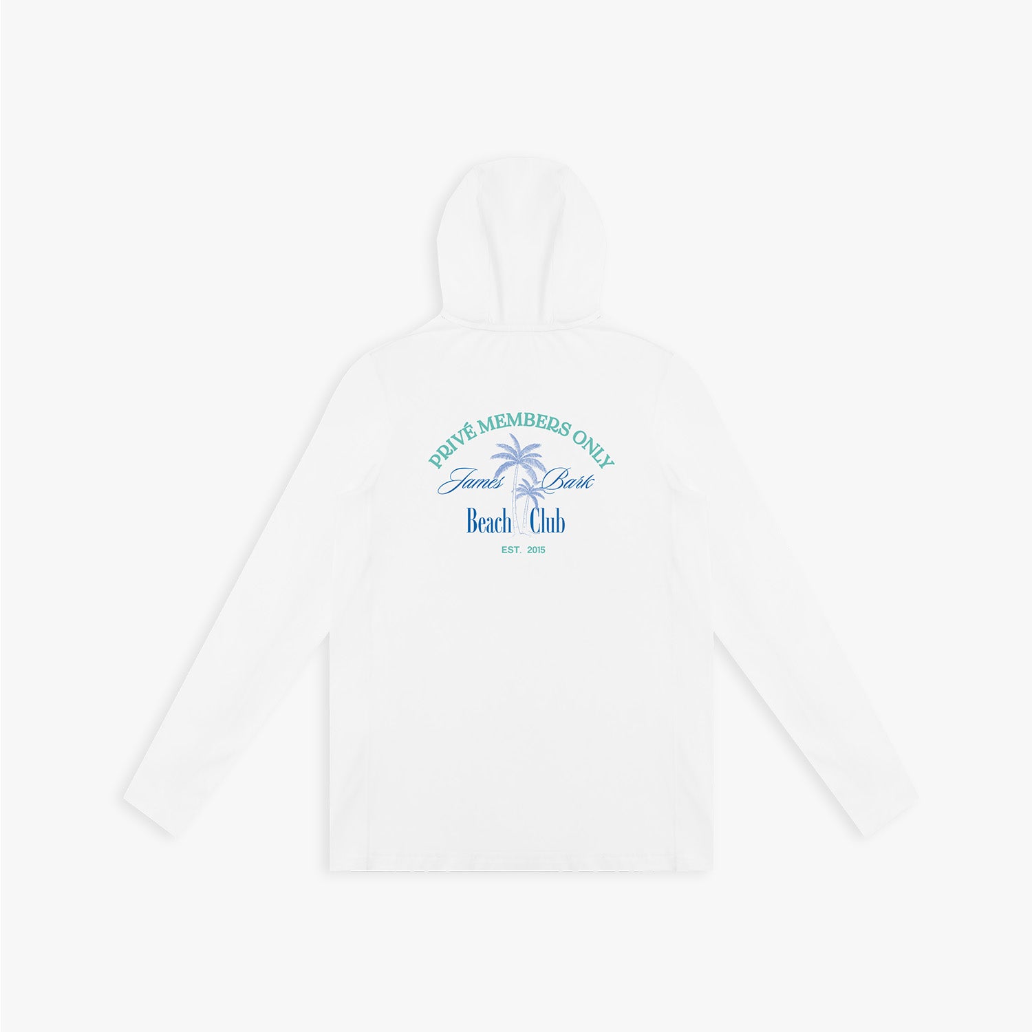 Back picture of a white hooded rashguard with blue text and palm tree design on a white background