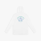 Back picture of a white hooded rashguard with blue text and palm tree design on a white background
