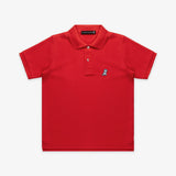 Flat lay of the red polo shirt, showing the front with the embroidered logo on the chest and buttoned collar.