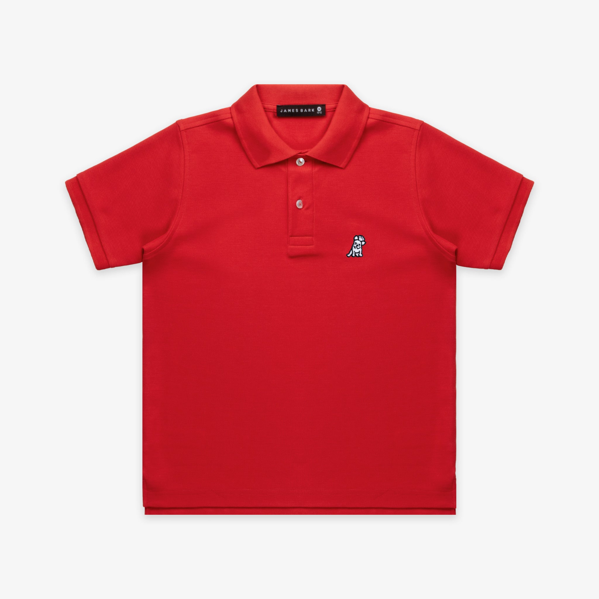 Flat lay of the red polo shirt, showing the front with the embroidered logo on the chest and buttoned collar.