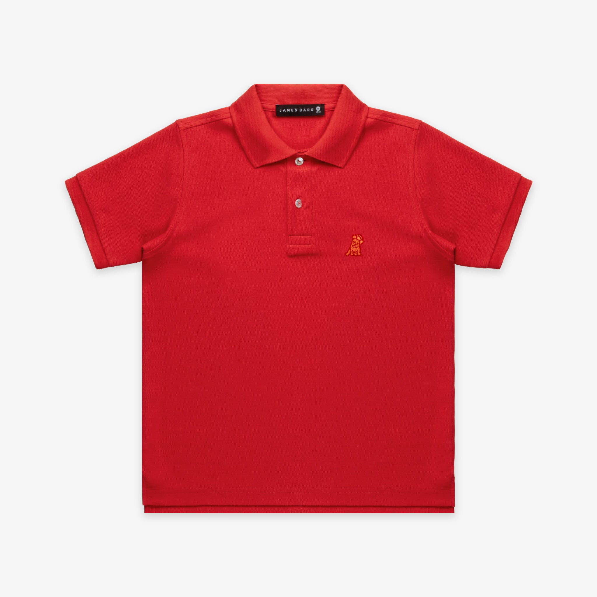 Flat lay of the red polo shirt, showing the front with the gold embroidered logo on the chest and buttoned collar.