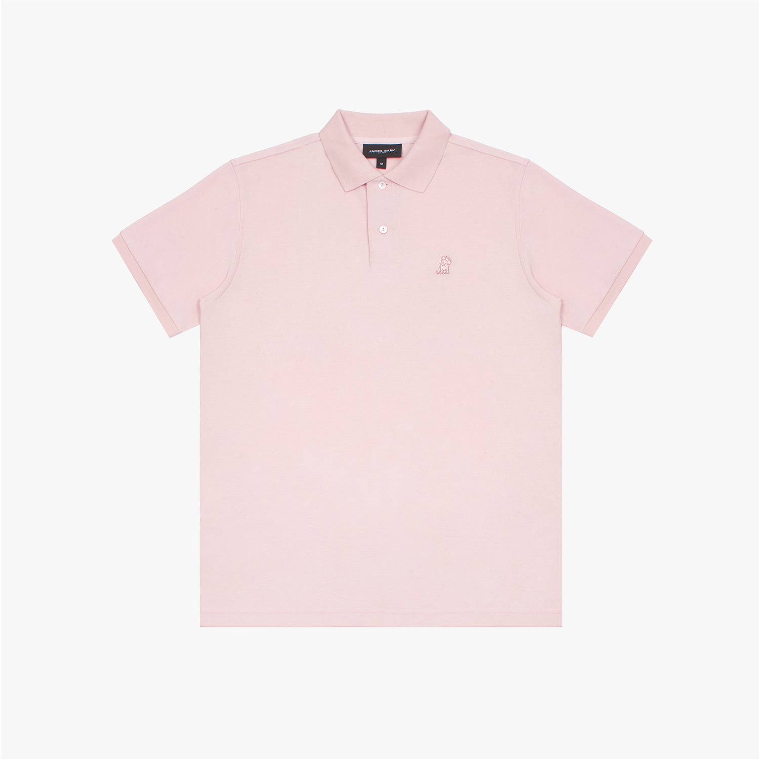 Pink polo shirt laid flat, showing collar, buttons, brand tag, and light pink embroidered dog logo