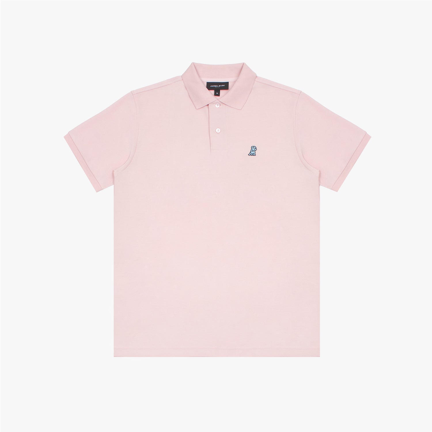 Pink polo shirt laid flat showing the collar, placket with buttons, brand tag, and embroidered dog logo