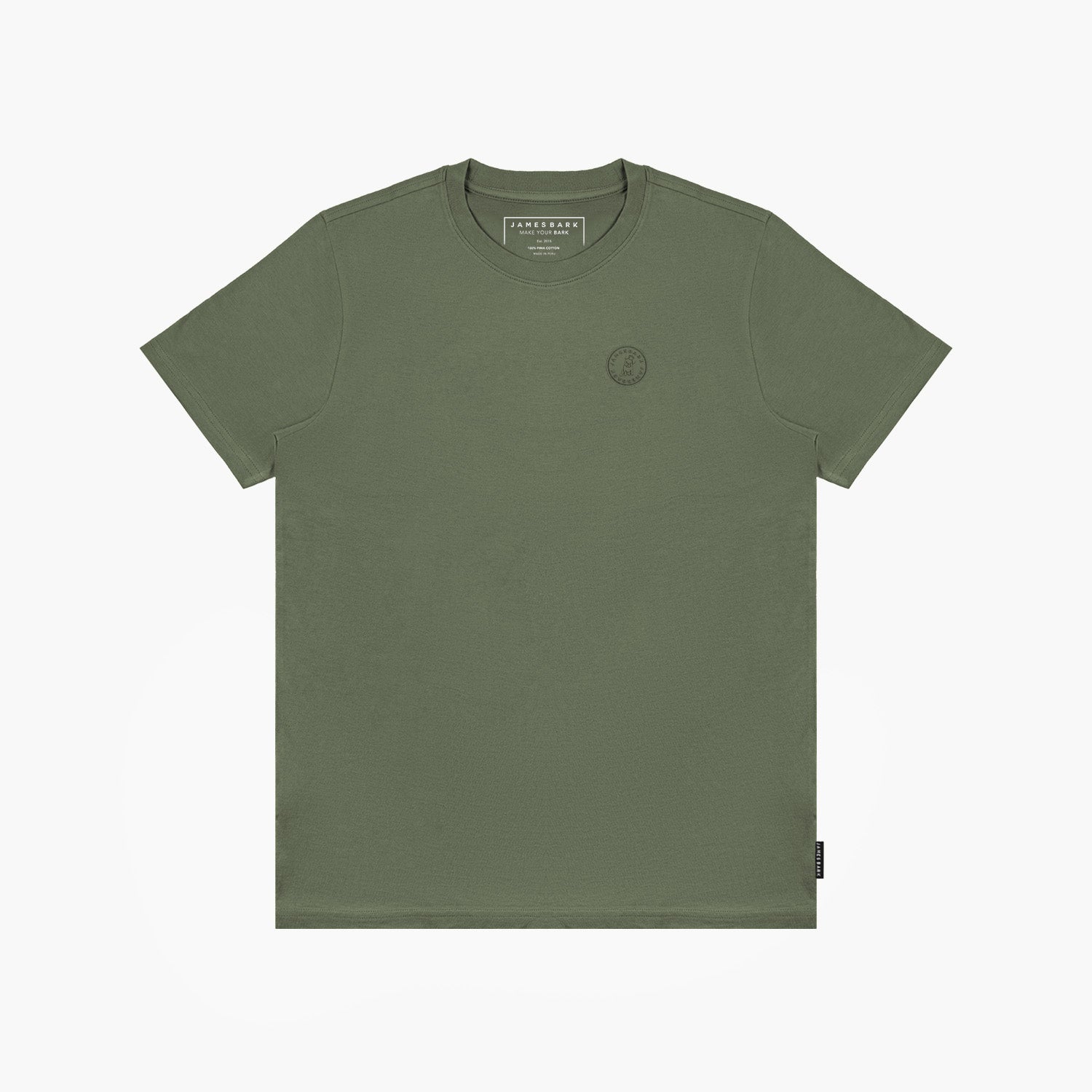 Front view of the olive green crew neck t-shirt laid flat against a white background, showcasing the inner neck label, the tonal embossed circular logo on the left chest, and the black brand tag on the side seam