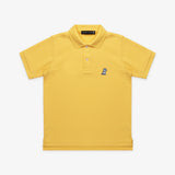 Flat lay of the yellow polo shirt, showing the front with the embroidered logo on the chest and buttoned collar.