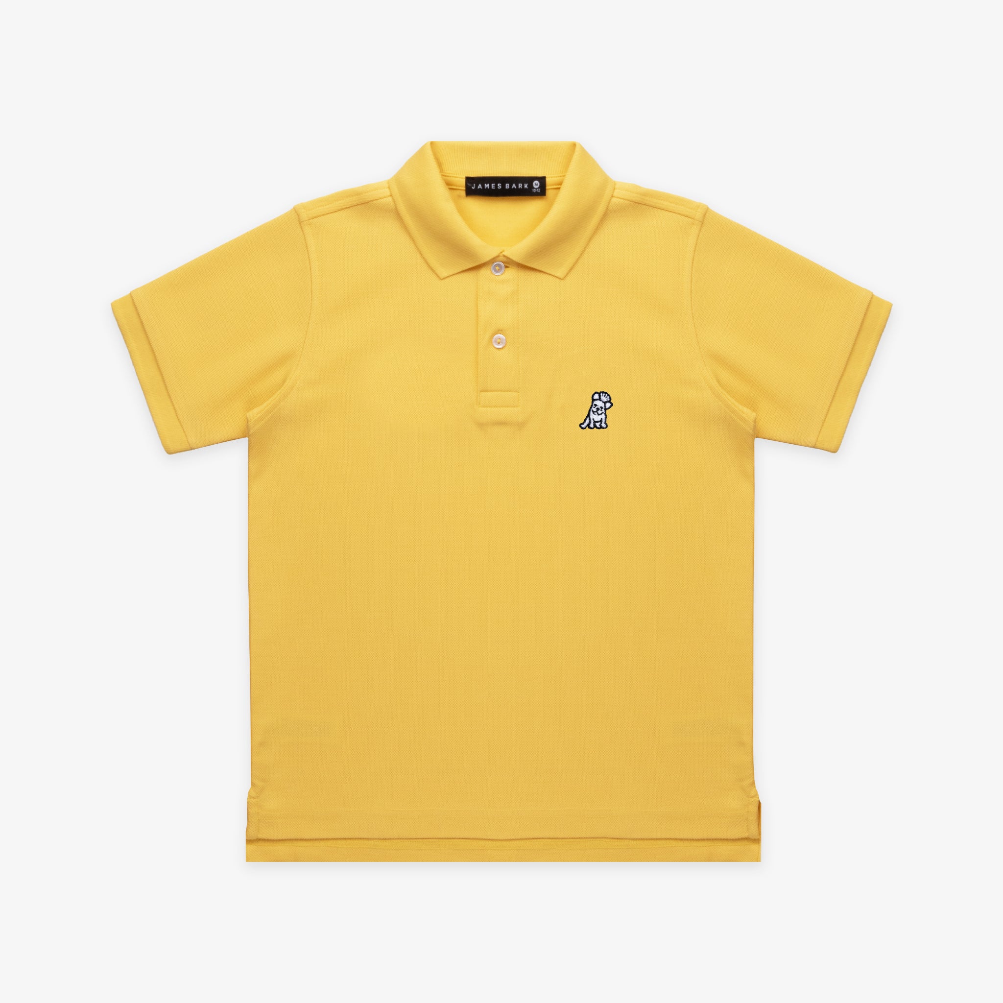 Flat lay of the yellow polo shirt, showing the front with the embroidered logo on the chest and buttoned collar.