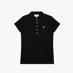 Flat-lay view of the black polo shirt with button details and a gold logo on the chest.