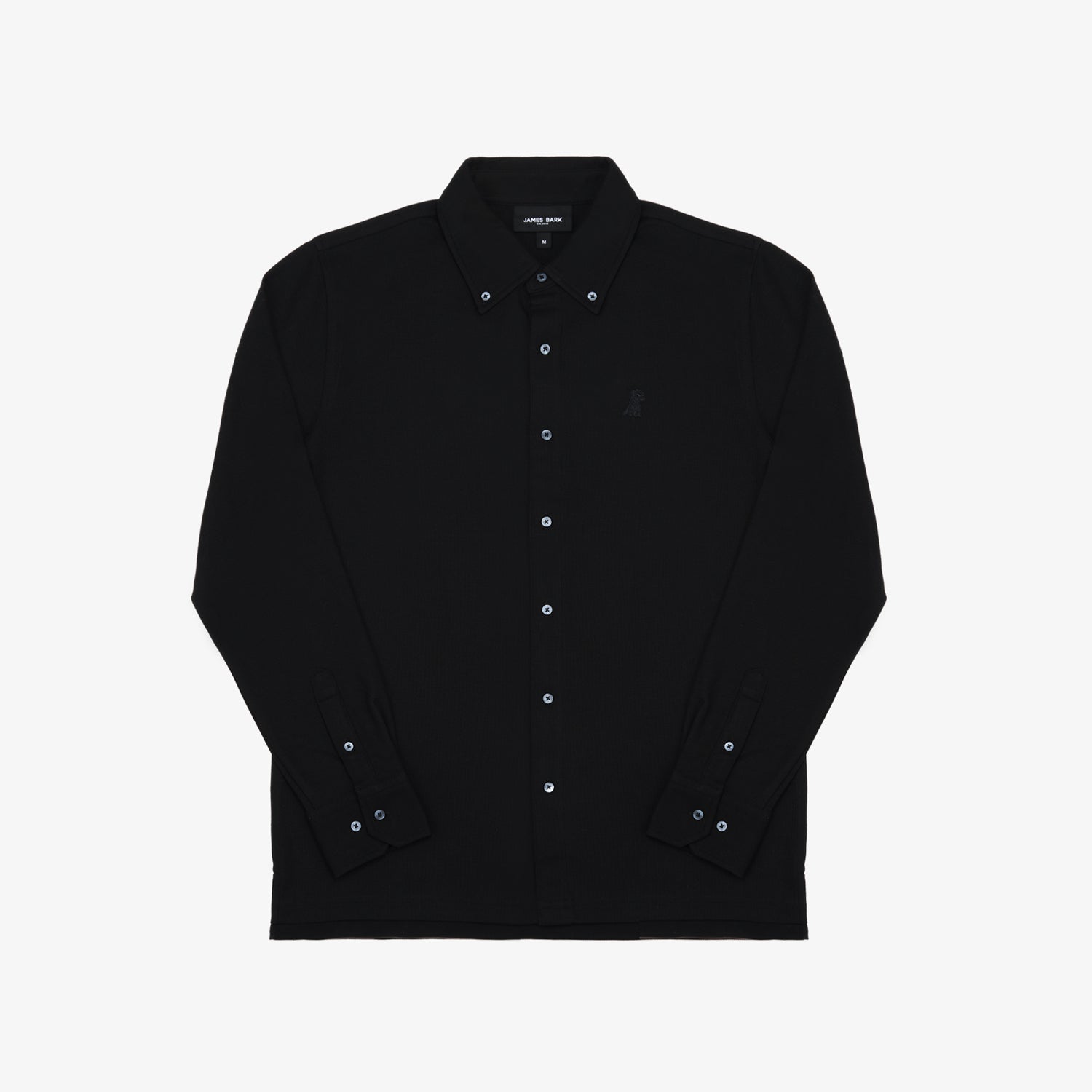 A black button-down shirt laid flat against a white background.