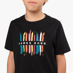 A close-up shot of the chest area of the black T-shirt, showcasing the colorful pencil design in detail, arranged vertically in vibrant colors like red, blue, yellow, and orange.