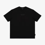 A black T-shirt with 'JAMES BANK ELEMENTS' printed in a subtle dark gray font on the left chest, displayed flat.