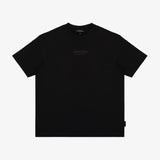 A black T-shirt with 'JAMES BANK ELEMENTS' printed in a subtle dark gray font on the left chest, displayed flat.