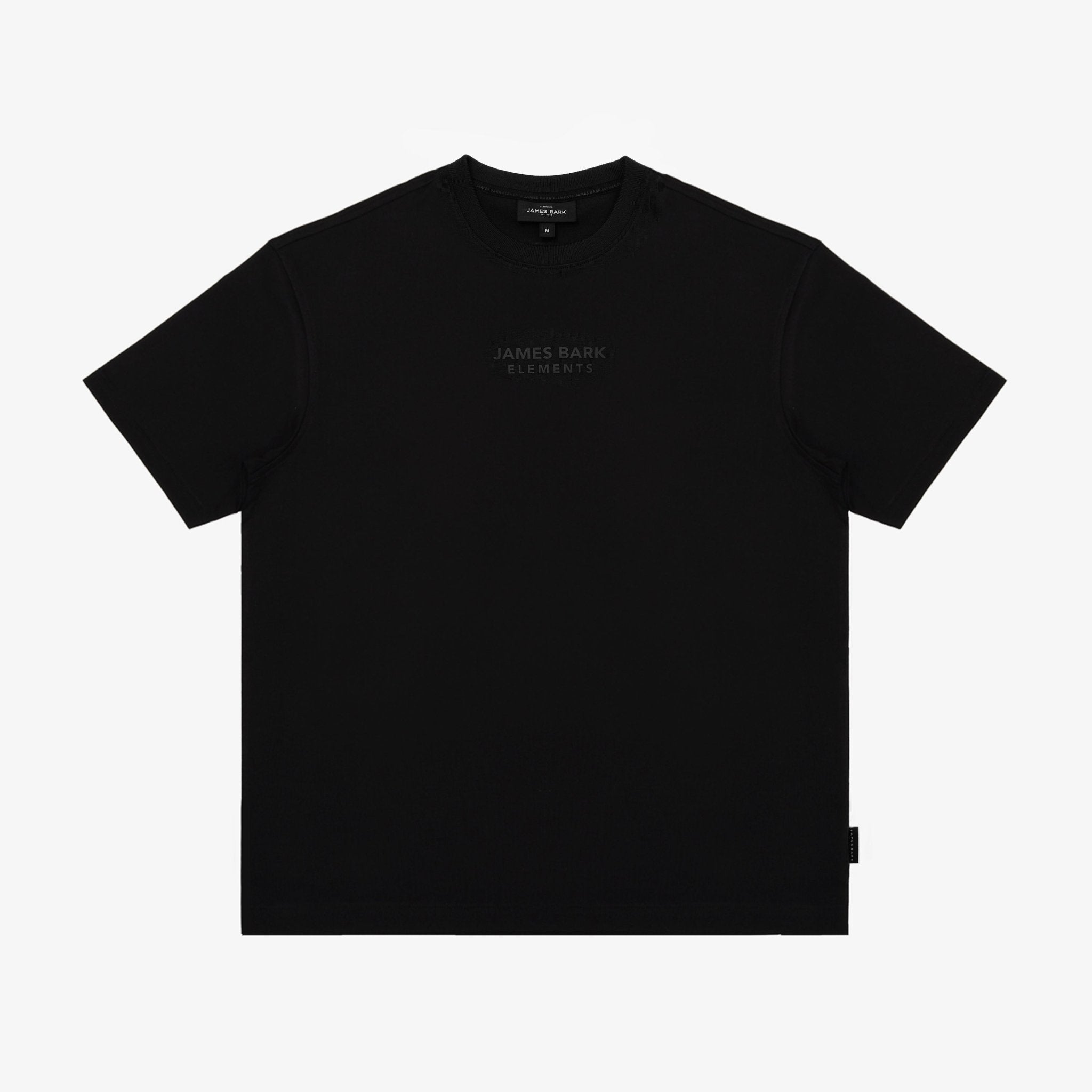 A black T-shirt with 'JAMES BANK ELEMENTS' printed in a subtle dark gray font on the left chest, displayed flat.