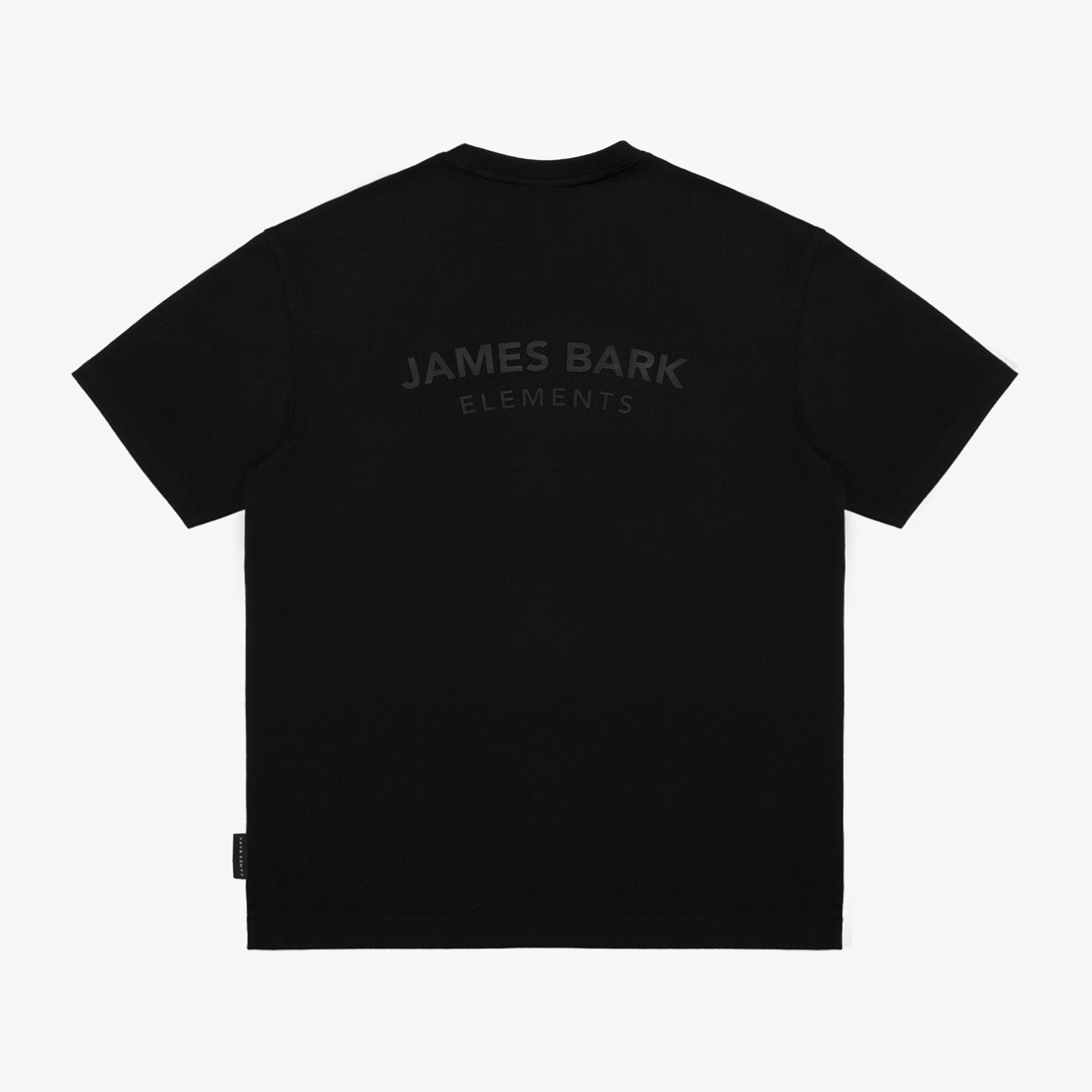 A black short-sleeve T-shirt shown from the back, featuring a subtle dark gray 'JAMES BARK ELEMENTS' logo printed across the upper back