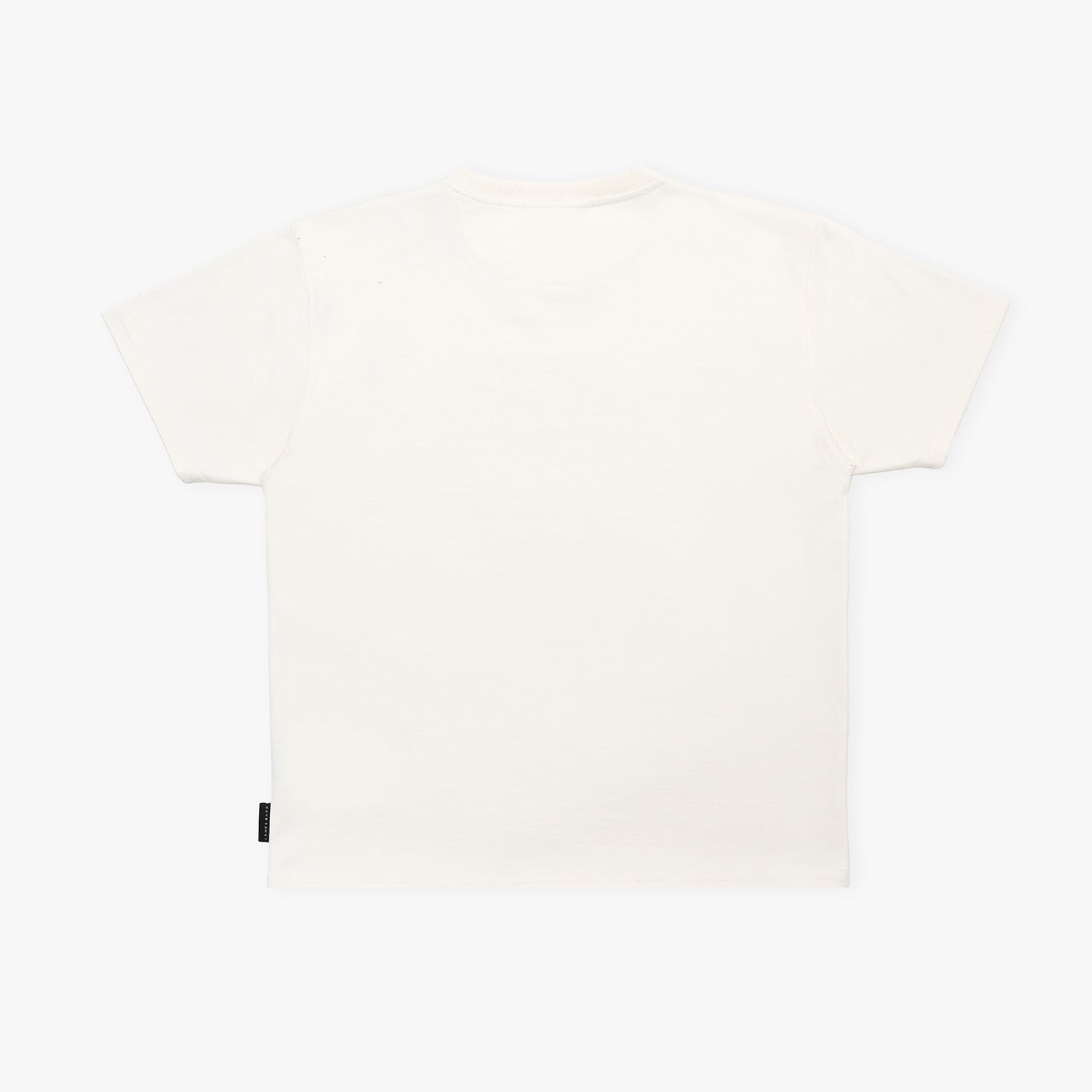 A plain white short-sleeve T-shirt shown from the back, laid flat
