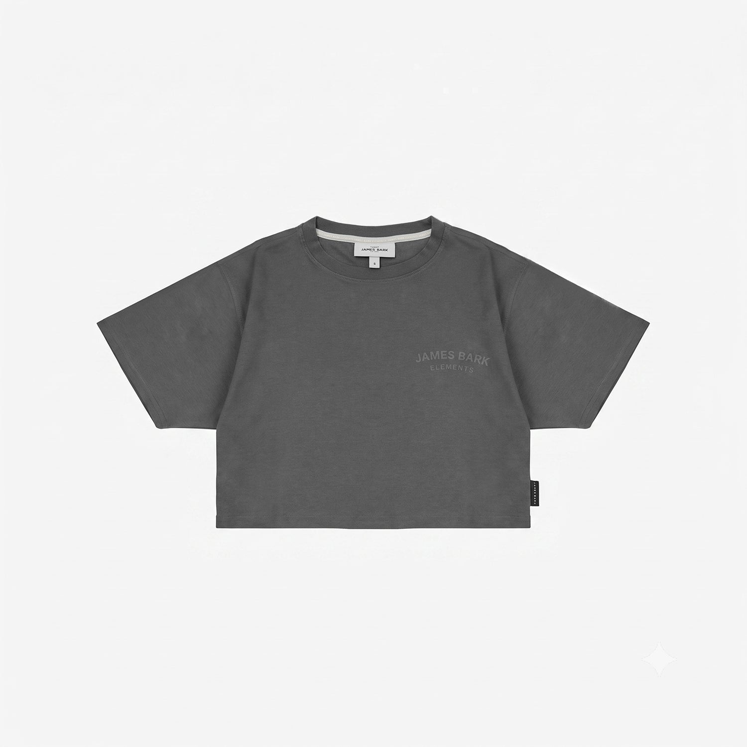 A dark gray short-sleeve crop top t-shirt with 'JAMES BARK ELEMENTS' printed in light gray on the left chest, displayed flat.