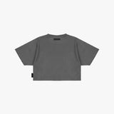 A dark gray cropped short-sleeve t-shirt with a crew neck, shown flat.