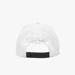 White perforated baseball cap shown from the back, featuring 'JAMES BARK' printed in gray across the back panels and a black snap closure.
