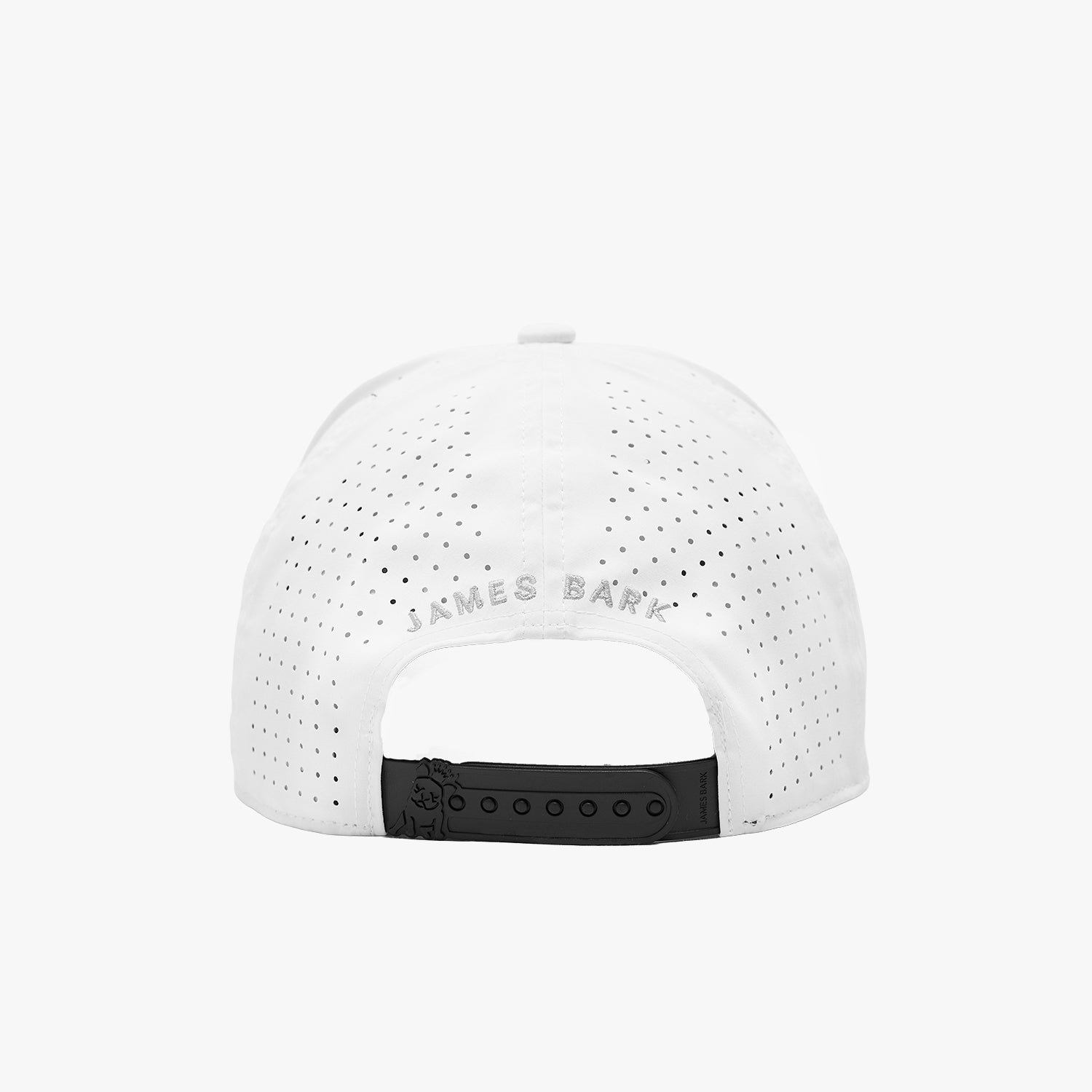 White perforated baseball cap shown from the back, featuring 'JAMES BARK' printed in gray across the back panels and a black snap closure.