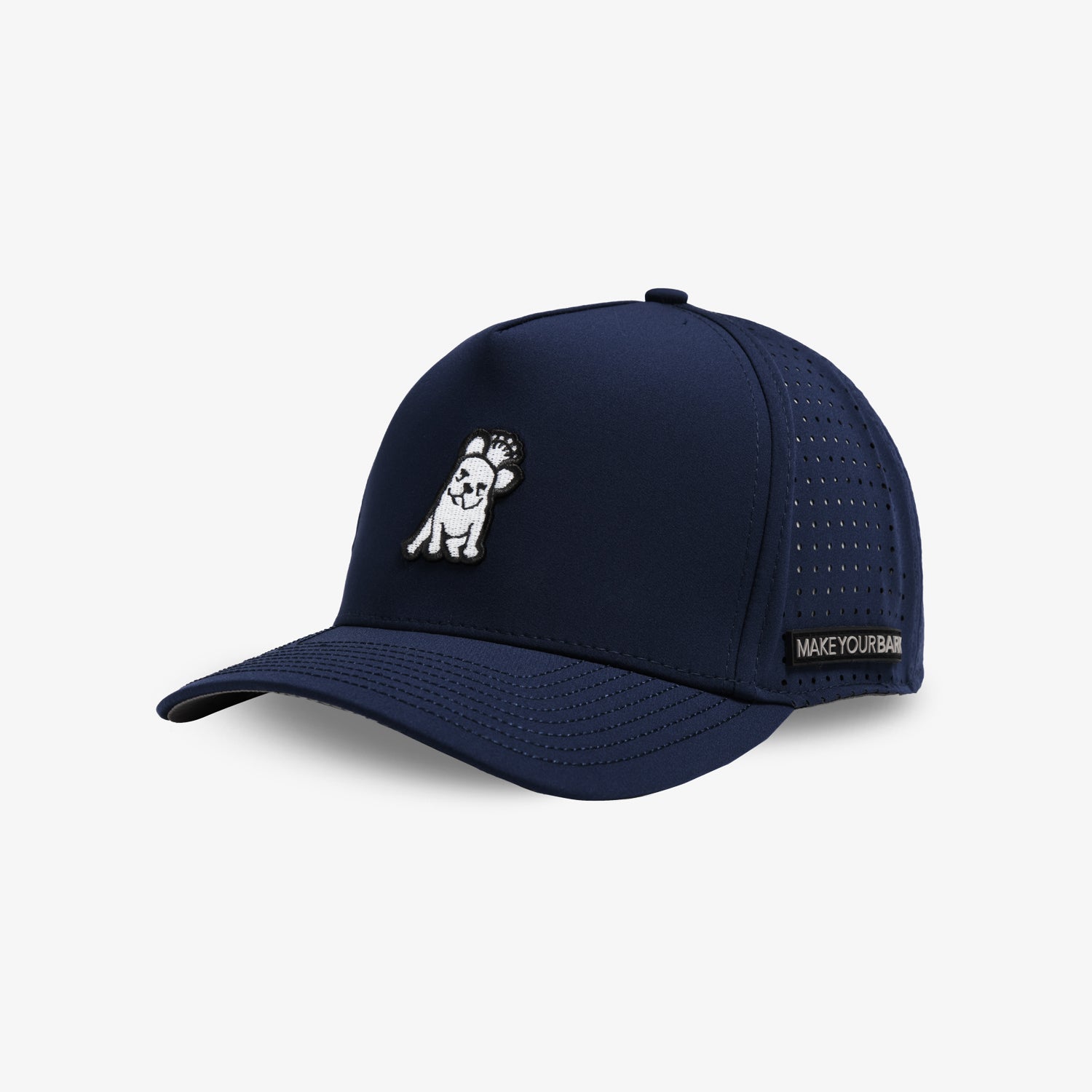 A navy blue baseball cap with a white embroidered dog on the front and a small black brand tag on the side