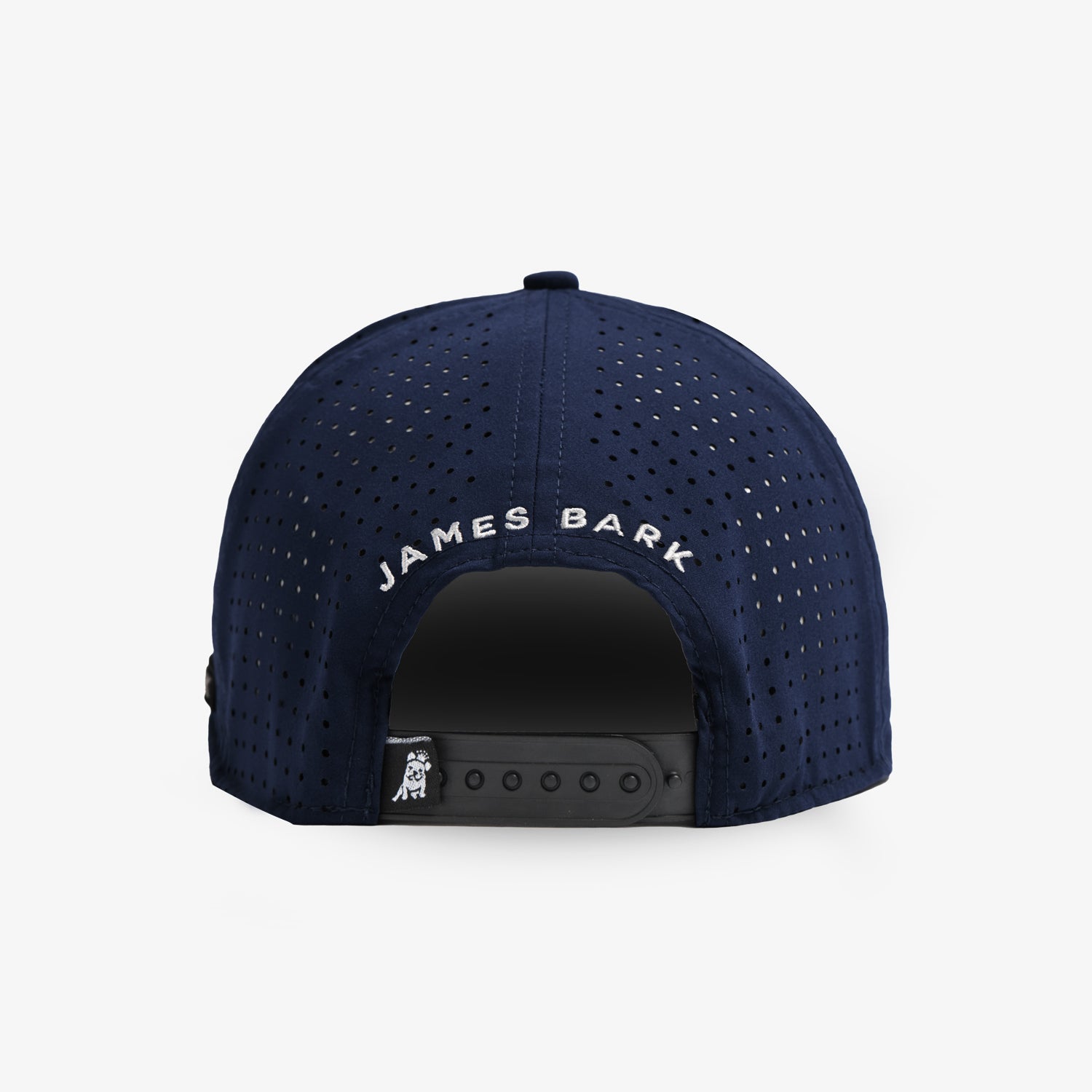 A navy blue baseball cap with a perforated front panel and adjustable black back strap, featuring 'JAMES BARK' printed in white arched text on the back.