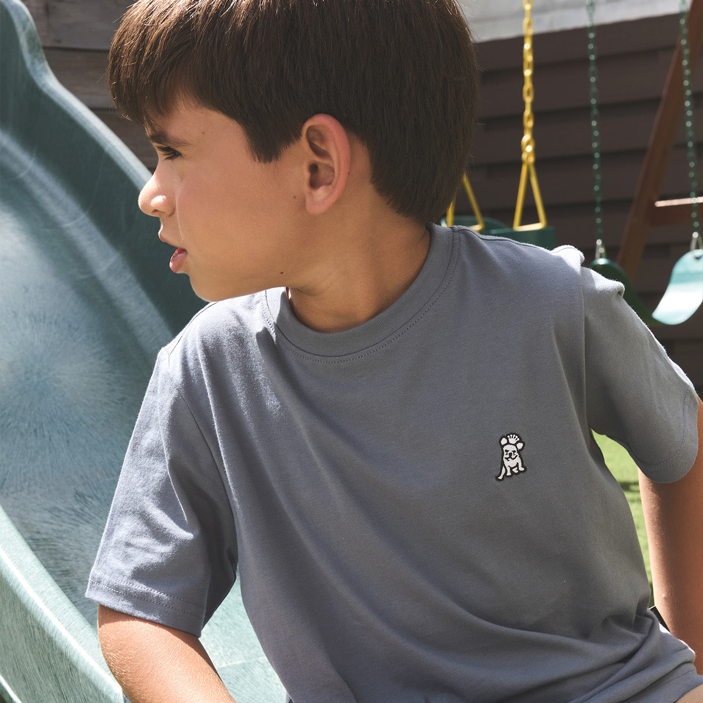 Young boy with dark hair wearing a grey James Bark crew neck t-shirt with an embroidered logo, playing outdoors.
