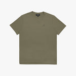 Olive green t-shirt with a small logo on a white background