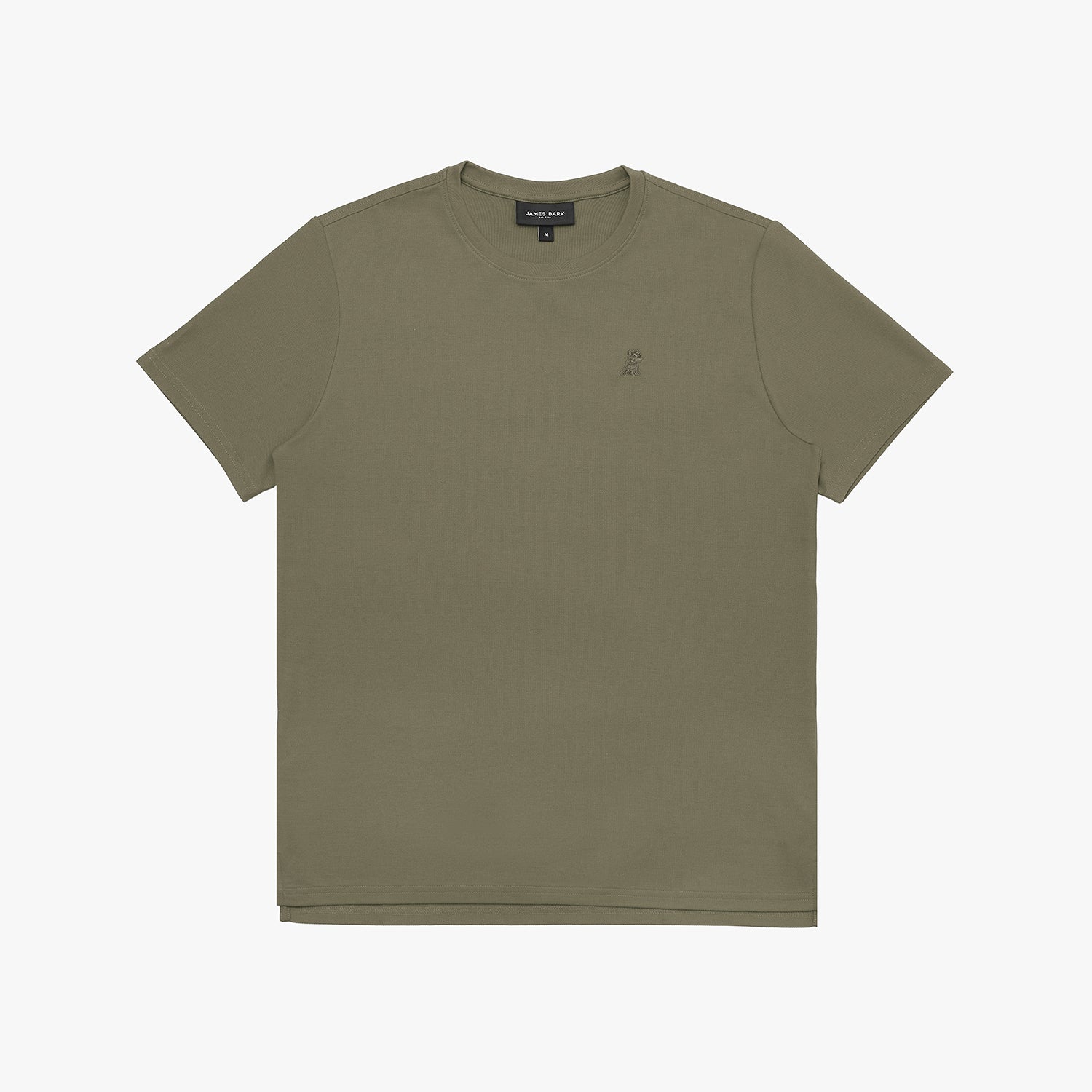 Olive green t-shirt with a small logo on a white background