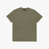 Olive green t-shirt with a small logo on a white background