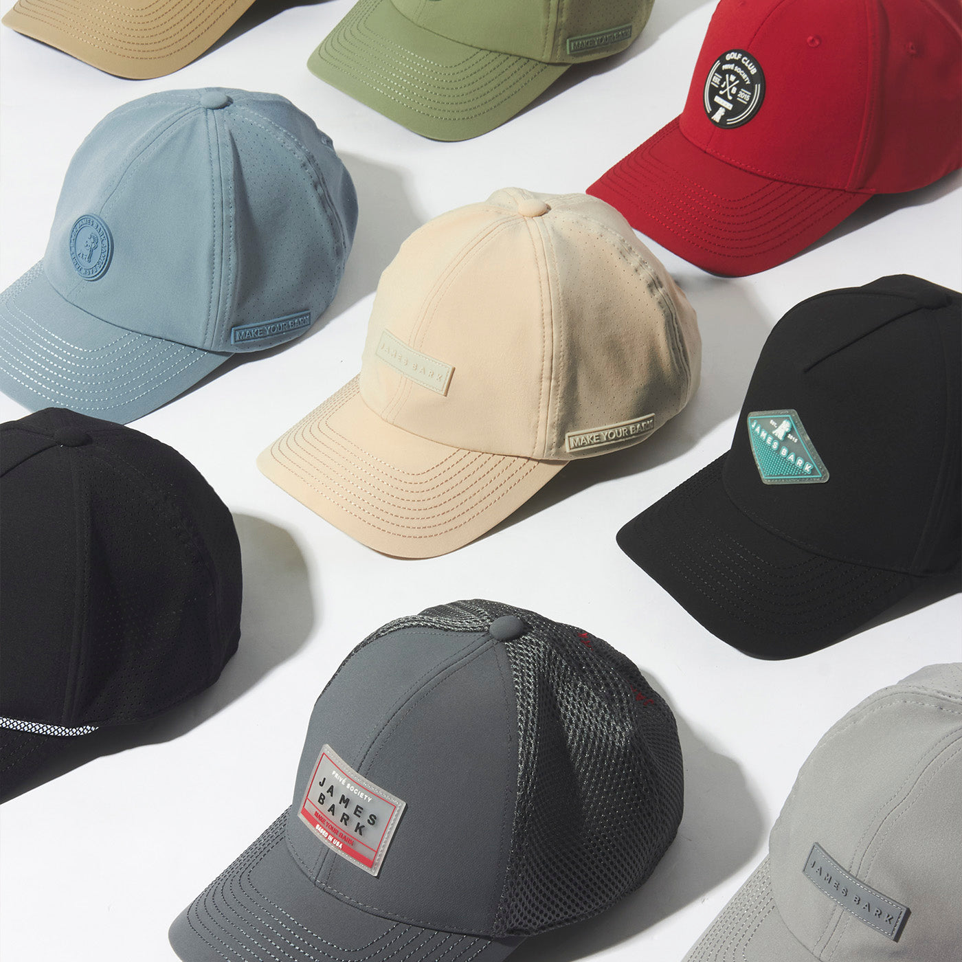 Collection of various baseball caps on a white background