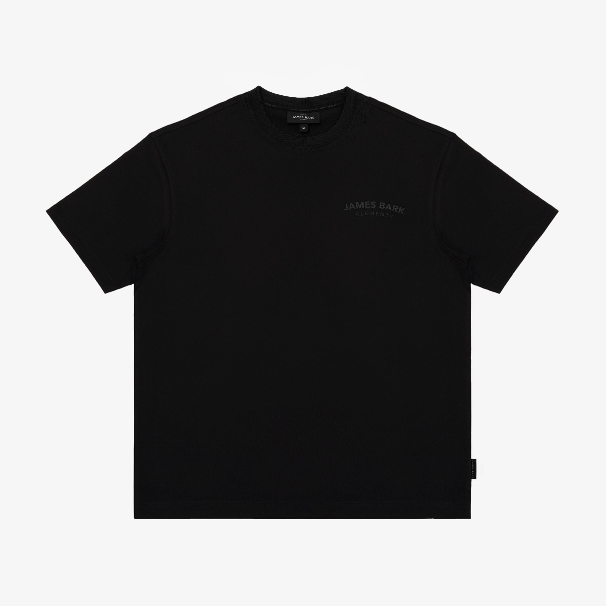 A black T-shirt with a small dark gray 'JAMES BARK' logo on the left chest, displayed flat against a light gray background.