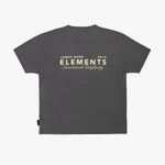 Back view of a dark gray T-shirt by James Bark Elements, featuring a big ELEMENTS Graphic logo