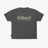Back view of a dark gray T-shirt by James Bark Elements, featuring a big ELEMENTS Graphic logo
