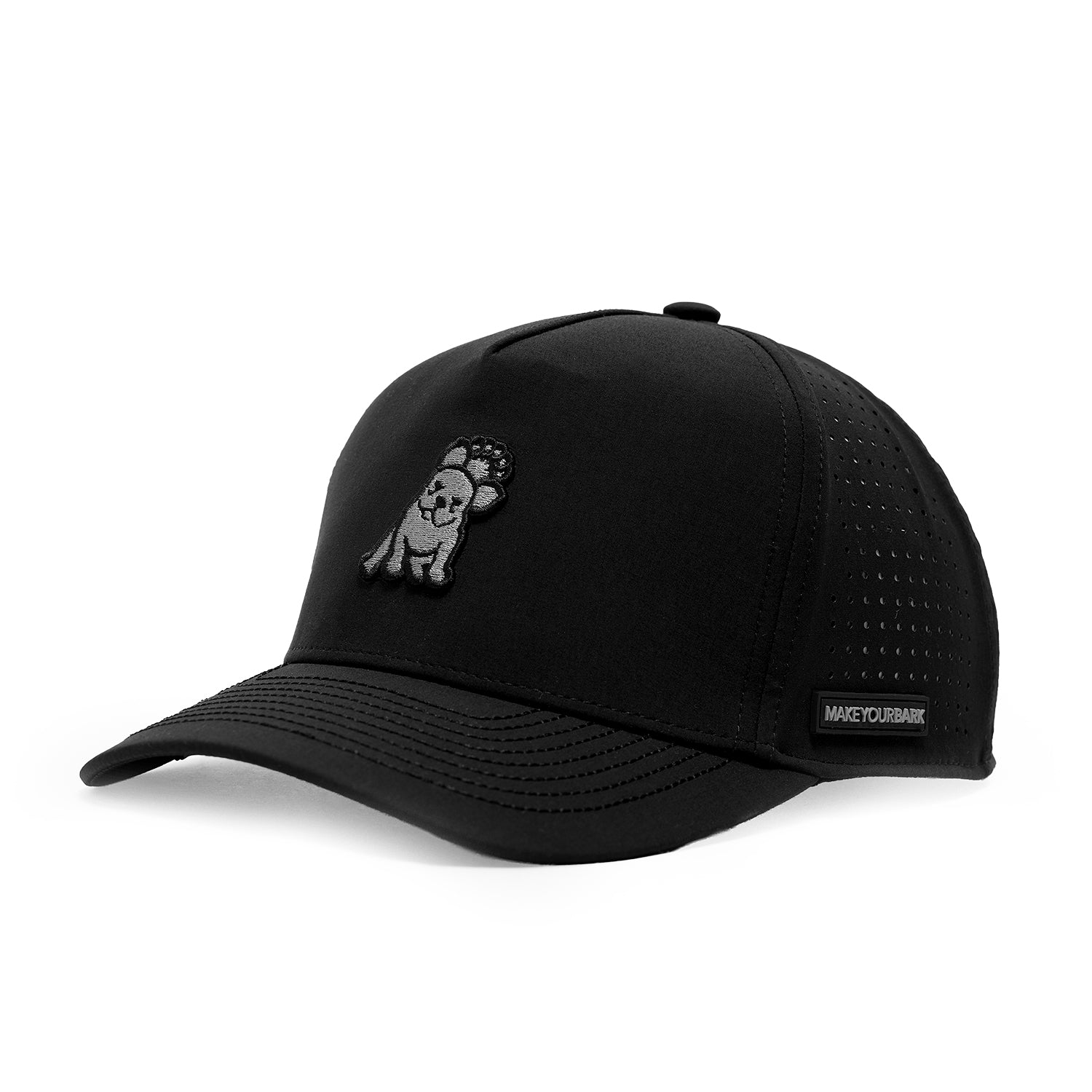 Black baseball cap with brand logo on a white background