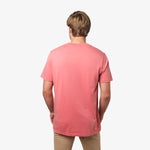 Back view of the man wearing the salmon pink t-shirt, standing with his arms at his sides.