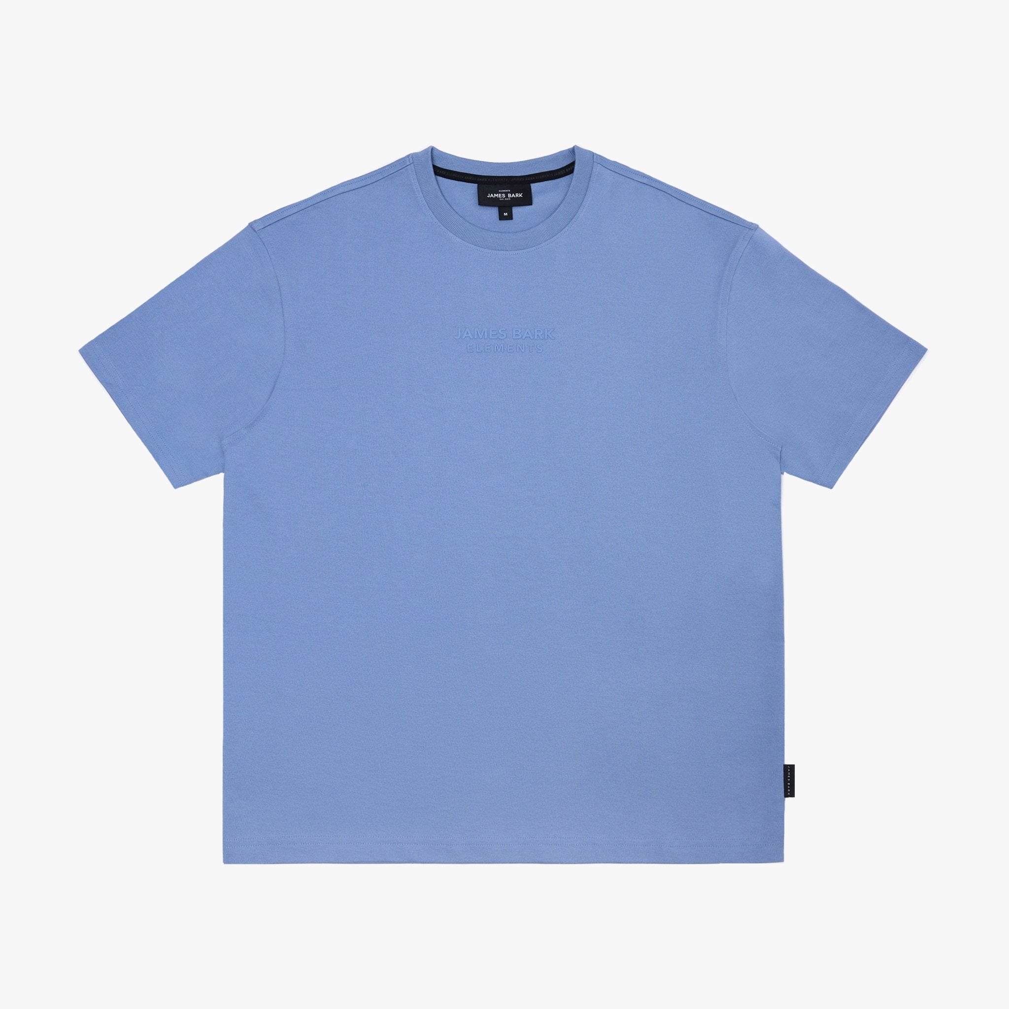 A light blue T-shirt with a subtle tonal logo on the chest, displayed flat.