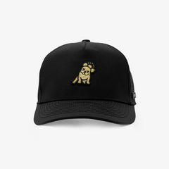 A black baseball cap with a small embroidered cartoon dog patch on the front