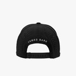 The back of a black baseball cap featuring a perforated fabric crown and the text 'JAMES BARK' embroidered in white across the back