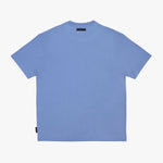 A light blue short-sleeve T-shirt lay flat against a clean, off-white background.