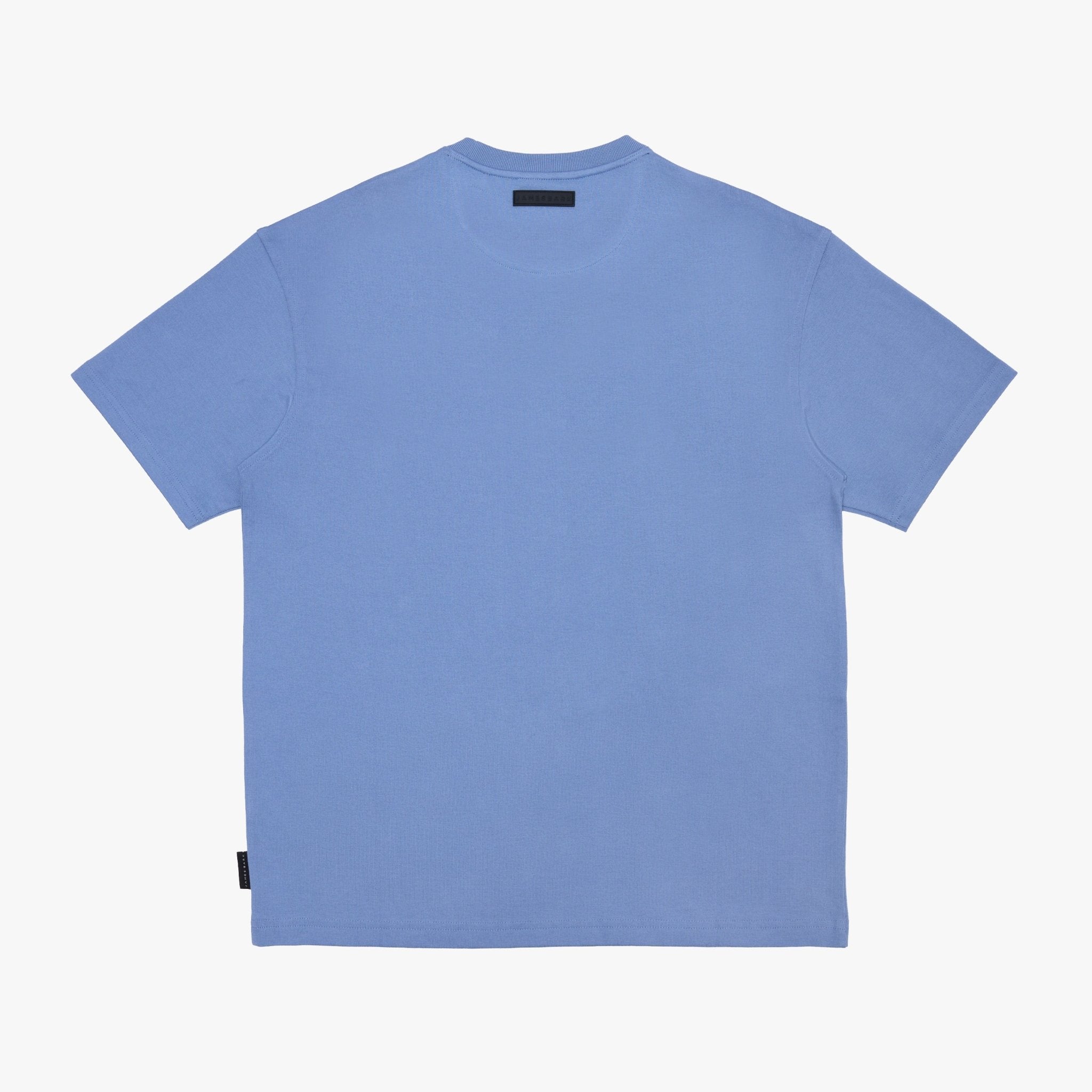 A light blue short-sleeve T-shirt lay flat against a clean, off-white background.