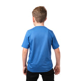 Rear view of a boy wearing the blue t-shirt, standing with his hands behind his back.